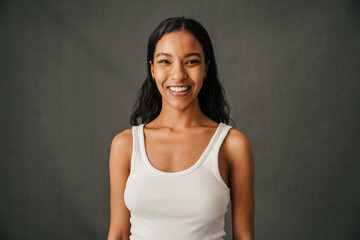  Close up attractive smiling and positive multiethnic female