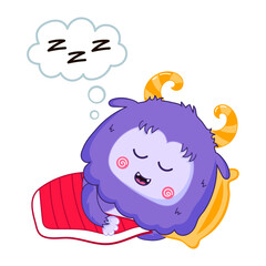 Cute Yeti or Bigfoot character sleeping in bed in cartoon style