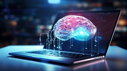 a brain hologram on modern laptop - futuristic technology concept