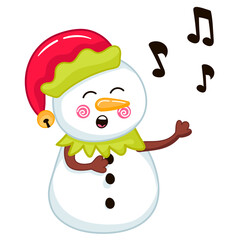 Cute snowman character in elf costume play singing song in cartoon style