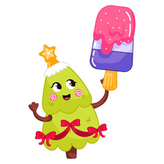 Cute Christmas tree character ieating ice cream in cartoon style