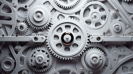 white gears, teamwork business abstract background texture a lot of gears complex mechanics mechanism work, light metal or plastic - obrazy, fototapety, plakaty