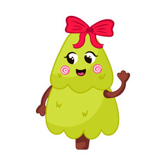 Cute Christmas tree character with bow cartoon style