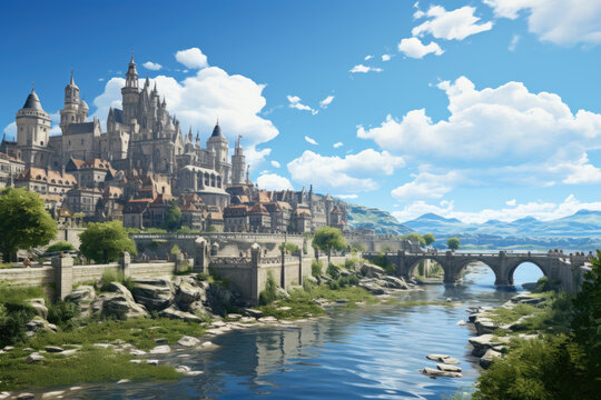 Concept Art: Fantasy Castle Landscape, Video Game Environment, RPG, Generative AI