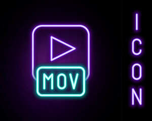 Glowing neon line MOV file document. Download mov button icon isolated on black background. MOV file symbol. Audio and video collection. Colorful outline concept. Vector