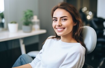  Beautiful woman sitting at dentist office. Dental care
