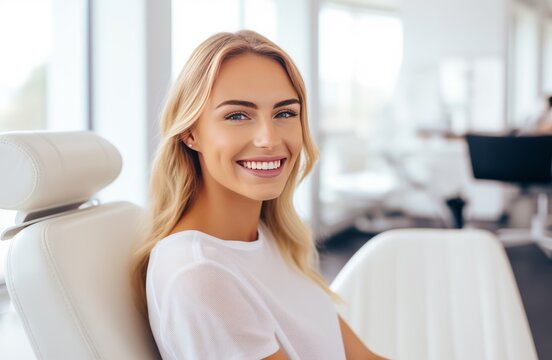  Beautiful woman sitting at dentist office. Dental care