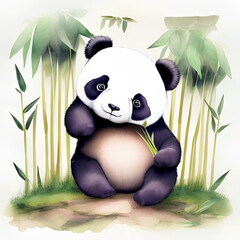 Watercolor panda eating bamboo