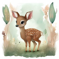 Watercolor baby deer in the woods
