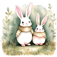 Watercolor bunny family wearing scarf