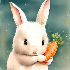 Watercolor cute rabbit holding a carrot