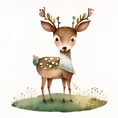 Watercolor cute deer in forest