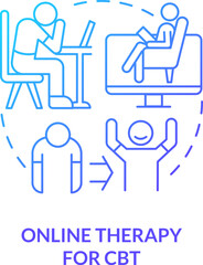 2D online therapy for CBT thin line gradient icon concept, isolated vector, blue illustration representing online therapy.