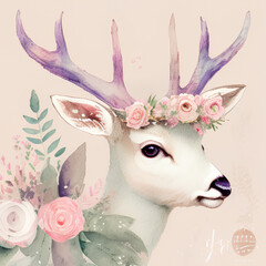 Watercolor white deer with a flower crown