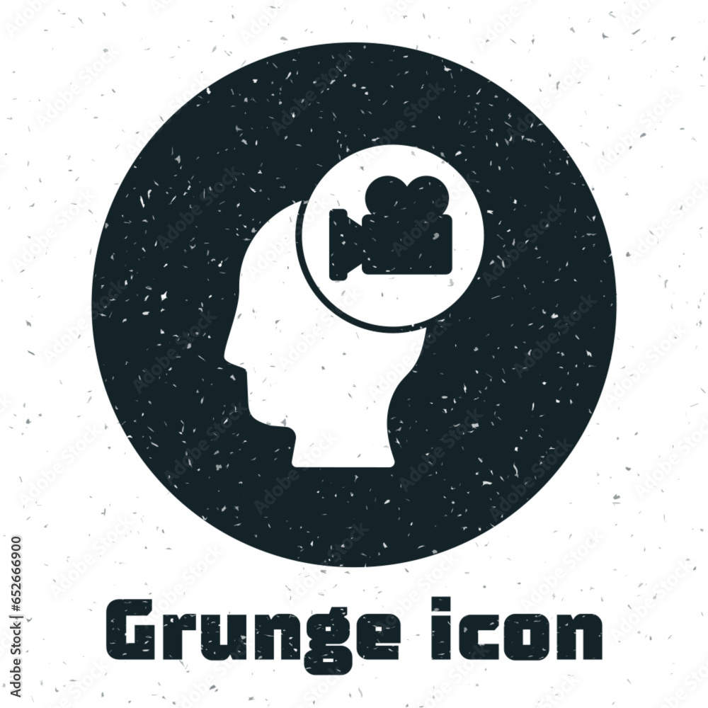 Wall mural grunge head with camera icon isolated on white background. video camera. movie sign. film projector.