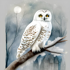 Watercolor snowy owl on a branch winter landscape