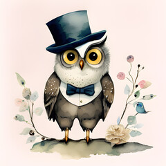 Watercolor owl wearing top hat, bow tie and tuxedo