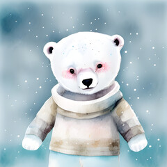 Watercolor cute polar bear wearing sweater in the snow
