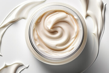 Top view of jar with beige liquid textured cosmetic face cream splash on light white background