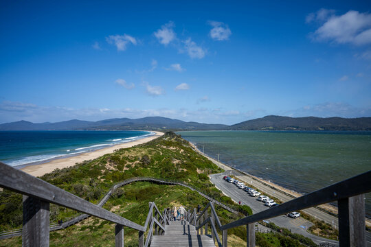 photo on the stairs up a beach lookout on bruny island