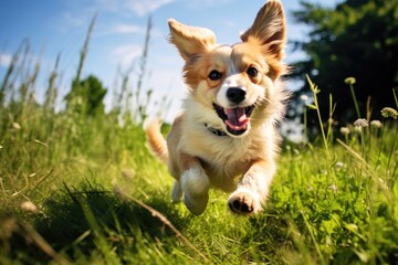 Corgi dog running on the green grass in summer sunny day, cute dog running in the green grass on a sunny summer day, AI Generated