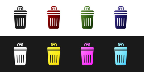 Set Trash can icon isolated on black and white background. Garbage bin sign. Recycle basket icon. Office trash icon. Vector
