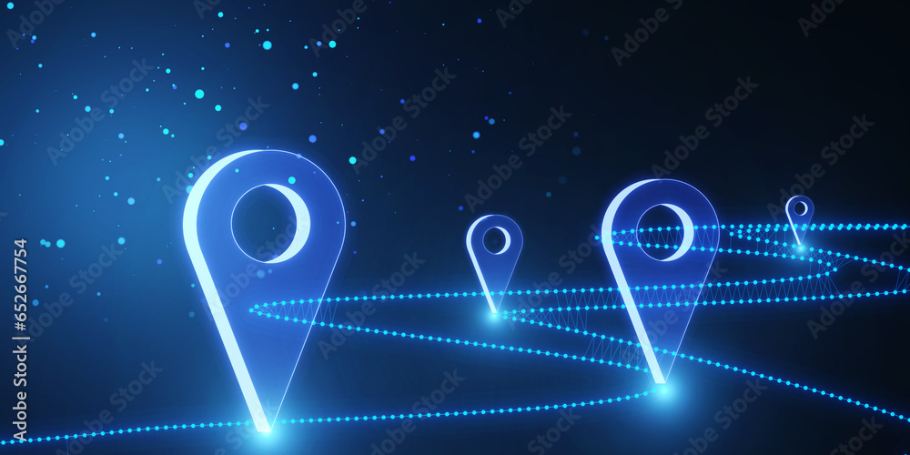 Poster creative glowing blue digital geolocation backdrop. 3d rendering.