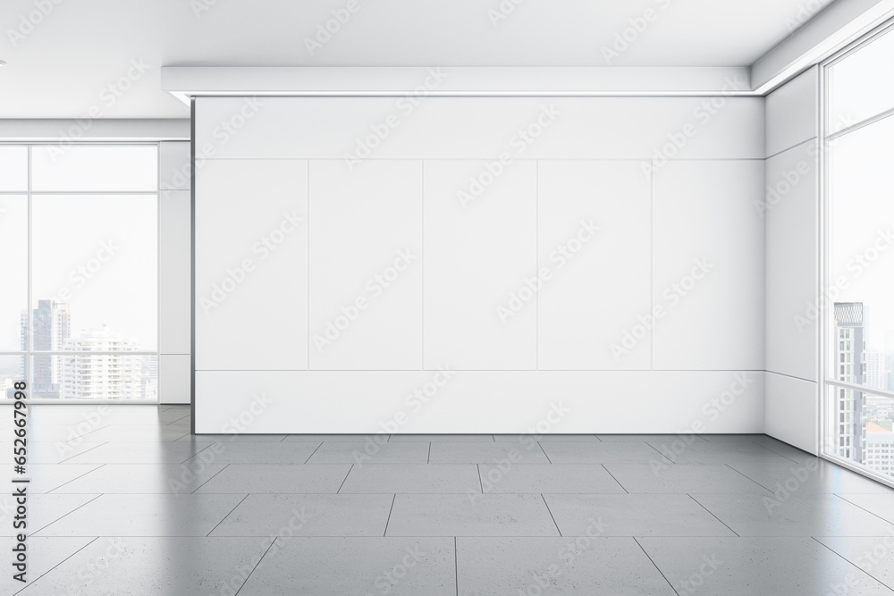 Poster Modern gallery interior with mock up place on white concrete wall, flooring with reflections and window with city view and daylight. 3D Rendering.