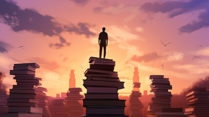 Fototapeta na wymiar student on a mountain of textbooks, silhouette preparation for exams and tests, education concept. abstract computer illustration