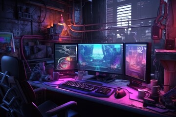 Fototapeta premium Computer room with a lot of equipment and lights. 3d rendering, Cyberpunk gamer workspace with computer and mouse. 3d rendering, AI Generated