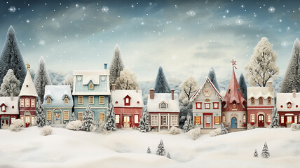 Fototapeta premium Christmas. new year card illustration winter landscape small houses in the snow, postcard winter view abstract small town or village