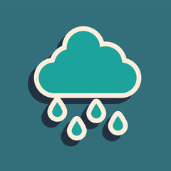 Green Cloud with rain icon isolated on green background. Rain cloud precipitation with rain drops. Long shadow style. Vector