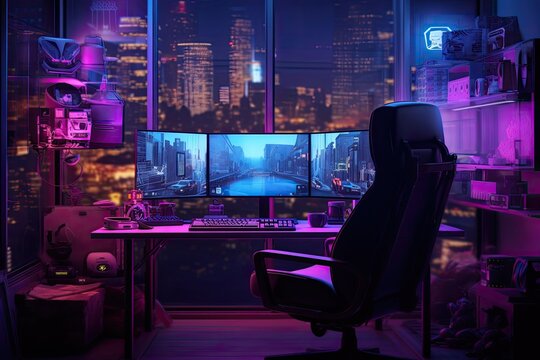 modern computer room with night city view, 3d rendering toned image, Cyberpunk gamer workspace with computer and mouse. 3d rendering, AI Generated