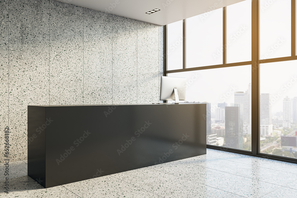 Aufkleber new concrete office interior with black reception desk and panoramic windows with city view. lobby c