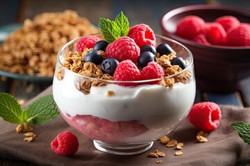 Greek yogurt with granola and fresh berries in glass bowl on wooden table, Delicious yogurt with granola and berries in bowl, closeup, AI Generated