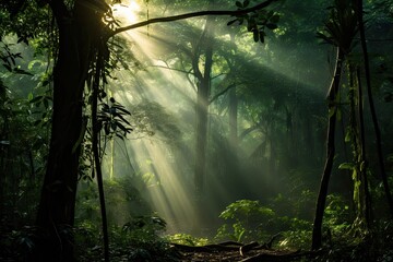 Sunlight in the morning in the forest, Nature background and wallpaper, Dense jungle landscape with dark green trees and sunbeams flashing through the trees, AI Generated