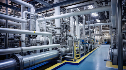工場の風景、鉄のパイプが並ぶ化学製造の工場内