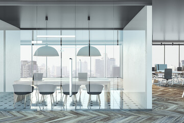 Luxury wooden office interior with panoramic glass window, city view and furniture. 3D Rendering.