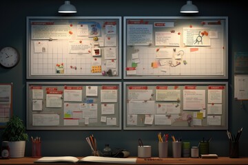 Illustration of a work space with office supplies and stationery, Discover an information hub with a bustling notice board, exchanging and displaying important notes and announcements, AI Generated