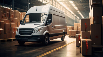 Fototapeta premium A van with boxes in a storage facility for online product delivery, Generative AI
