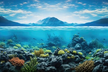 Fototapeta na wymiar Underwater landscape with coral reef and fish. 3d render, Discover an information hub with a bustling notice board, exchanging and displaying important notes and announcements, AI Generated