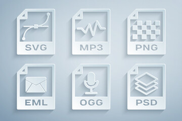 Set OGG file document, PNG, EML, PSD, MP3 and SVG icon. Vector