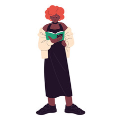 Black woman read educational literature. Smart girl doing hobbies, study in pastime. Bookworm stand with book. Readers interest, self education flat isolated vector illustration on white background