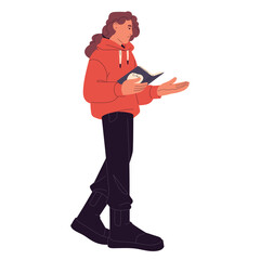 Longhair man hold book, read and think about information. Reader in hoody study educational literature, boy get knowledges. Bookworms hobby. Flat isolated vector illustration on white background