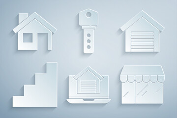 Set Online real estate house, Garage, Staircase, Market store, House key and icon. Vector
