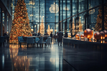An abstract blurred office interior background at the reception center, transformed into a winter wonderland with Christmas decorations and a towering holiday tree.  - obrazy, fototapety, plakaty