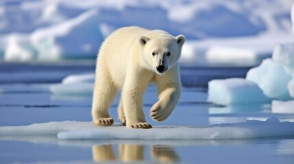 On frozen ice, polar bears frolic under blue sky