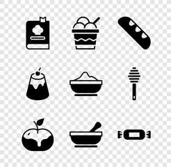 Set Cookbook, Ice cream in bowl, French baguette bread, Apple caramel, Mortar and pestle, Candy, Pudding custard and Flour icon. Vector