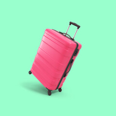 Pink travel suitcase travel concept minimal style 3d render on green
