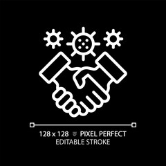 2D pixel perfect editable white handshake with virus icon, isolated monochromatic vector, thin line illustration representing bacteria.